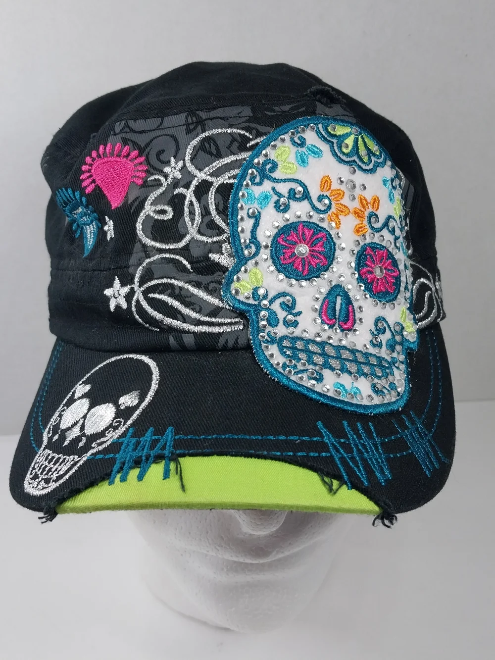 Leader Sugar Skull Embroidered Rhinestone Distressed Cadet Hat Adjustable cap - Picture 2 of 13